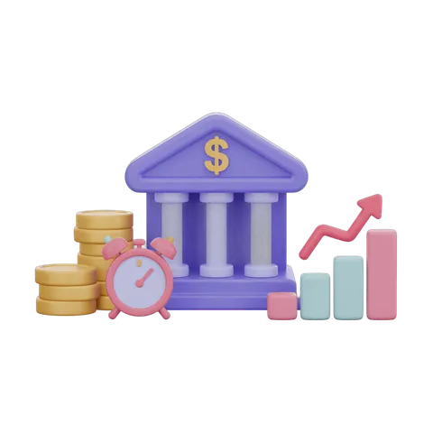 Isolated 3d clipart graphic of bank building with gold coins stack and growth chart for financial business presentations PNG