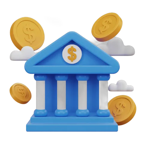 Isolated 3d clipart illustration of classical bank building with dollar coins floating around for financial business presentations PNG
