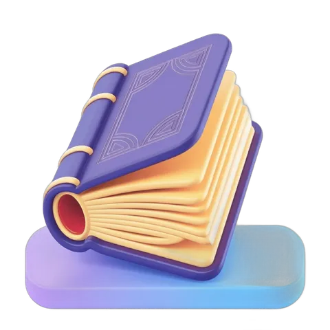 Isolated 3D clipart of an open vintage book with decorative cover resting on a colorful base PNG
