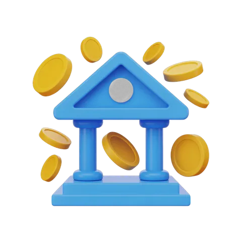 Isolated 3d clipart of bank building with flying gold coins for financial success and wealth illustration PNG