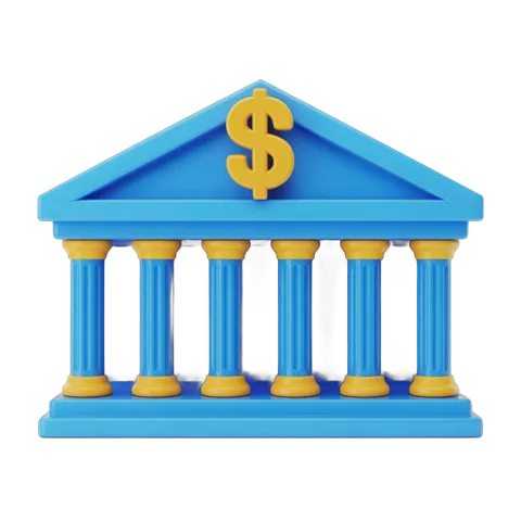 Isolated 3d clipart of classical bank building with dollar sign symbol for financial graphics PNG