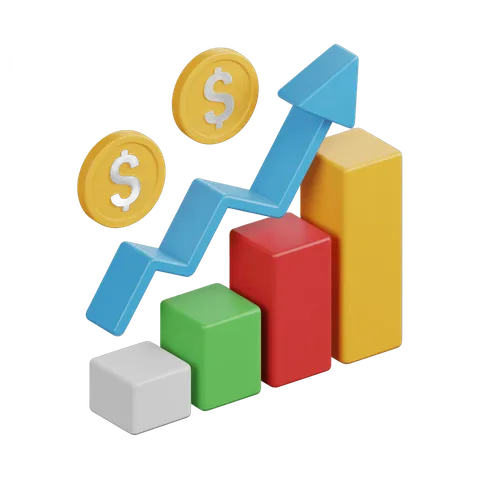 Isolated 3d clipart of colorful bar chart with upward arrow and dollar coins illustrating business growth and profit increase PNG