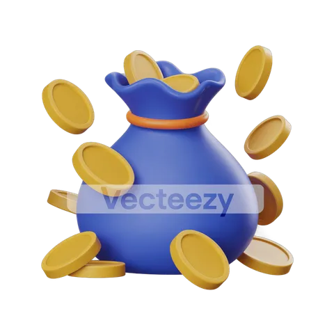 Isolated 3D money bag with gold coins flying out for financial success marketing designs PNG