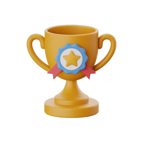 Isolated 3d trophy cup with star badge and ribbons for achievement awards and success celebrations PNG