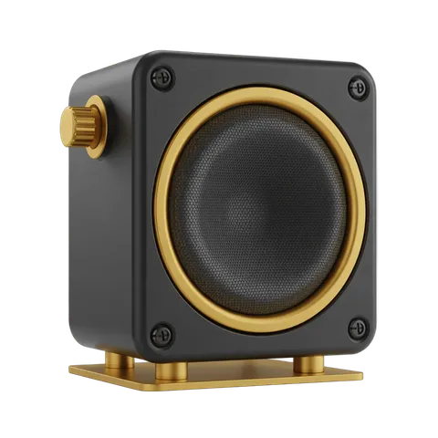 Isolated black and gold vintage style speaker graphic element for presentations and branding PNG