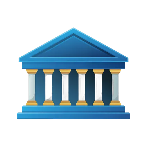 Isolated blue neoclassical building clipart with columns for corporate presentations and business graphics PNG