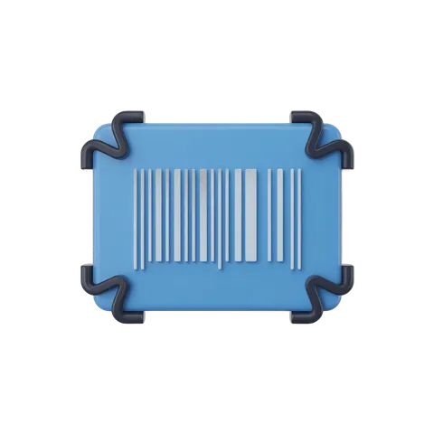 Isolated blue rectangular barcode graphic element with black border clips for product labels and packaging design PNG