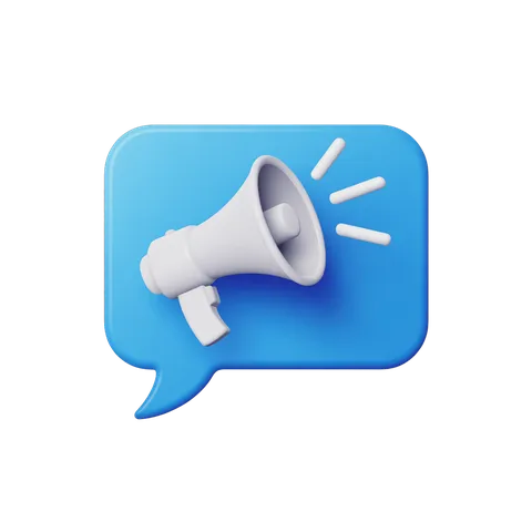 Isolated blue speech bubble with megaphone graphic element for announcements and alerts PNG