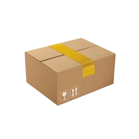 Isolated brown cardboard box with yellow tape and fragile handling symbols for shipping packaging design PNG