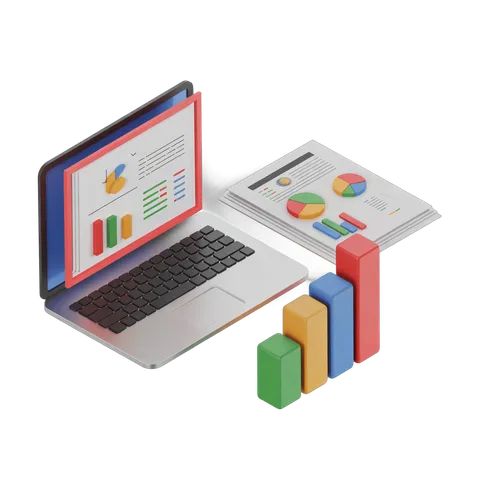Isolated business analytics dashboard with laptop chart graphs and colorful bar statistics for presentations PNG