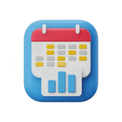 Isolated calendar with attached bar chart graphic element for business presentations and reports PNG