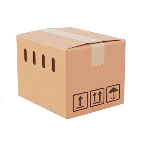 Isolated cardboard box with shipping handling icons for ecommerce delivery packaging design PNG