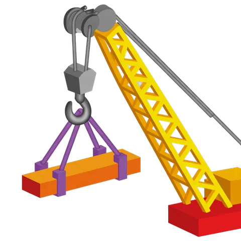 Isolated clipart crane lifting heavy construction block with purple hook for industrial design projects PNG