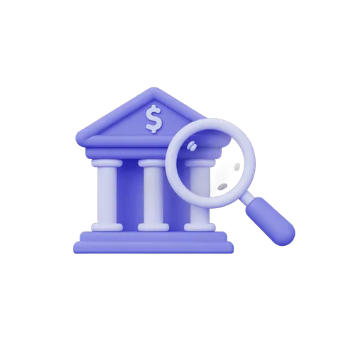 Isolated clipart graphic of a classical bank building with dollar sign under magnifying glass for financial analysis PNG