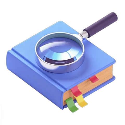 Isolated clipart of closed book with magnifying glass searching for knowledge and research PNG