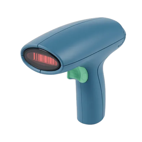 Isolated clipart of handheld barcode scanner with illuminated red light for retail inventory management PNG
