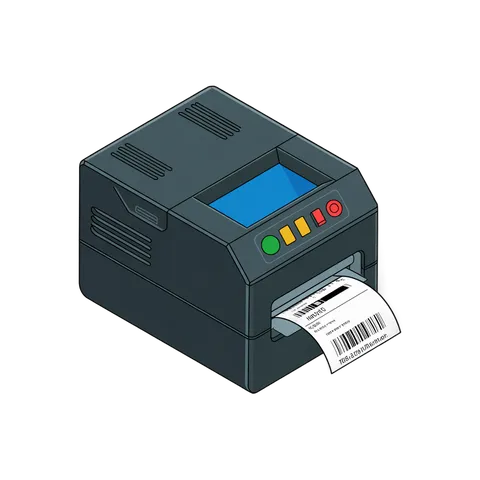 Isolated clipart of label printer creating shipping barcode for ecommerce packaging and logistics PNG