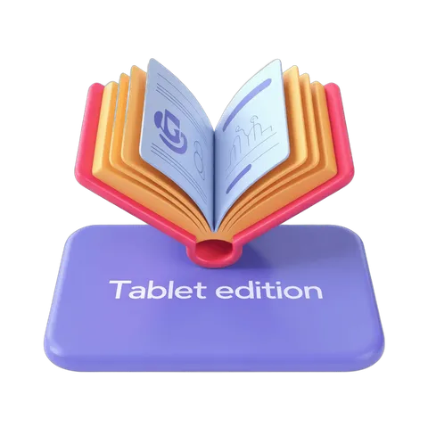 Isolated clipart of open tablet book edition on digital device for educational marketing materials PNG