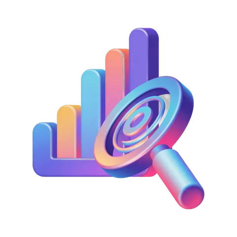 Isolated colorful 3d bar chart graphic with magnifying glass for business analytics presentation PNG