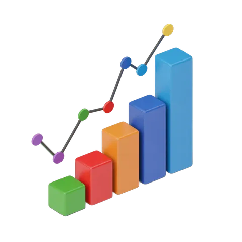 Isolated colorful 3d bar chart with line graph showing business growth and upward trend for presentations reports PNG