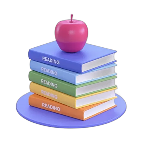 Isolated colorful stack of books with apple graphic for education and reading promotion PNG