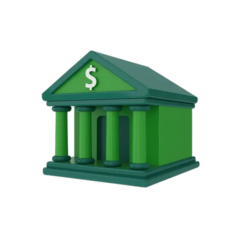 Isolated green 3d bank building clipart with dollar sign for financial business presentations PNG