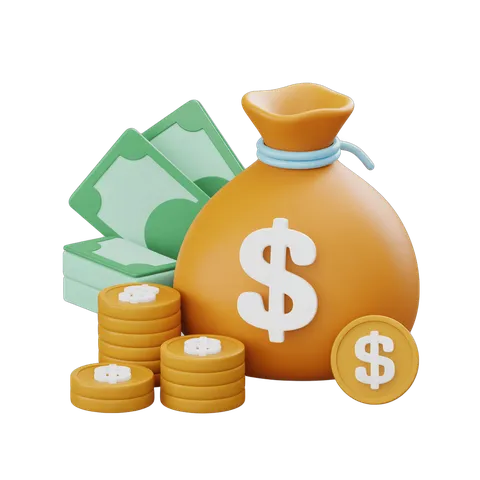 Isolated money bag with dollar sign surrounded by cash stacks and coins for financial graphics PNG
