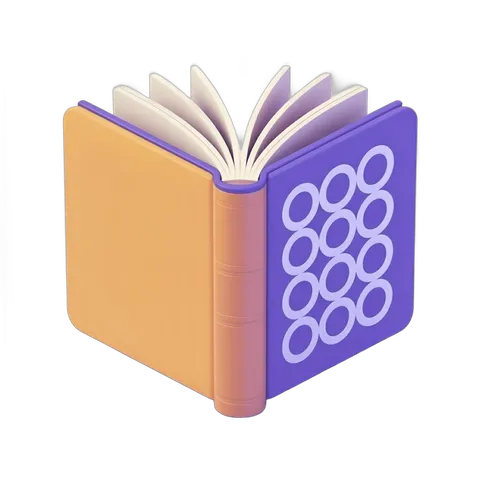 Isolated open hardcover book with circular pattern on purple cover for editorial and graphic design PNG