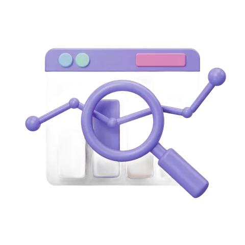 Isolated purple magnifying glass analyzing bar chart growth on laptop screen clipart for business presentations PNG