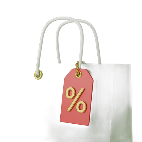 Isolated shopping bag clipart with percentage discount tag for sales promotions and marketing designs PNG