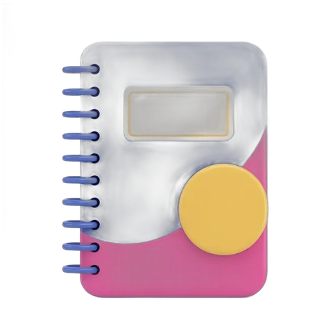Isolated spiral bound notebook with pink base and yellow circle graphic for educational and office clipart PNG
