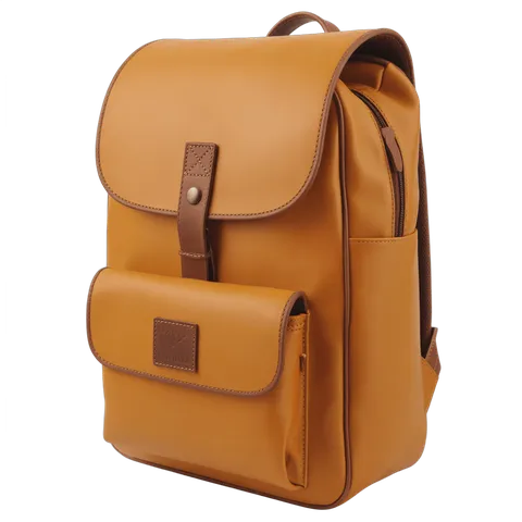 Isolated tan leather backpack with flap closure and brown accents for professional business travel or daily commute PNG