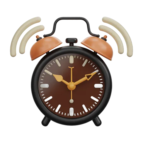 Isolated transparent alarm clock with sound waves for time management and productivity designs PNG