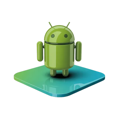Isolated transparent android robot mascot icon on blue tablet base for mobile app design PNG