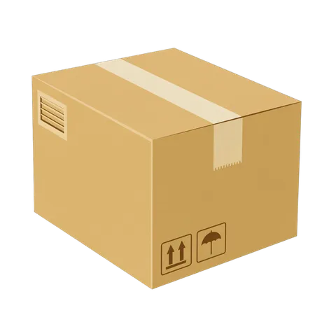 Isolated transparent background cardboard box with shipping icons for ecommerce packaging design PNG