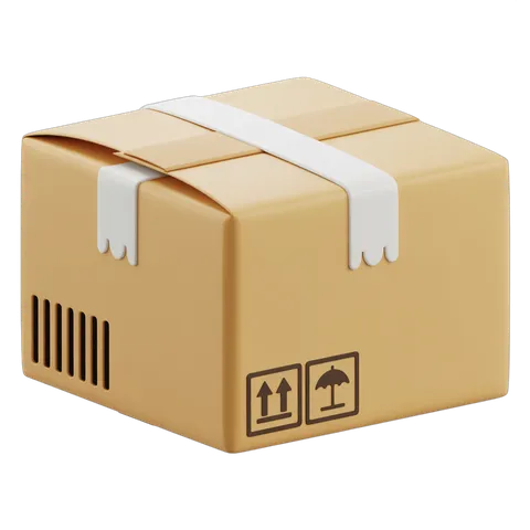 Isolated transparent background clipart of a sealed cardboard shipping box with handling symbols PNG