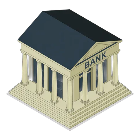 Isolated transparent clipart illustration of a classical bank building with pillars and sign for presentations and marketing PNG