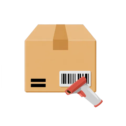 Isolated transparent clipart of cardboard box with barcode being scanned by handheld scanner PNG