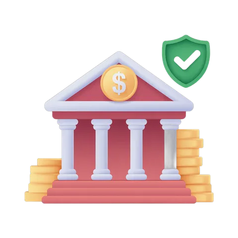 Isolated transparent clipart of classical bank building with gold coins stack and secure checkmark symbol PNG
