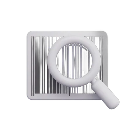 Isolated transparent clipart of magnifying glass scanning barcode for inventory management and product verification PNG