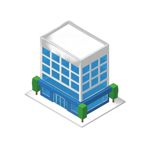 Isolated transparent clipart of modern multi-story commercial building with glass windows and green trees PNG