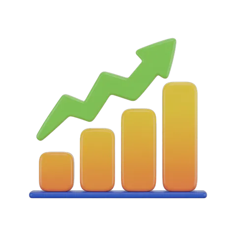 Isolated transparent clipart of upward growth bar chart with increasing green arrow for business presentations PNG