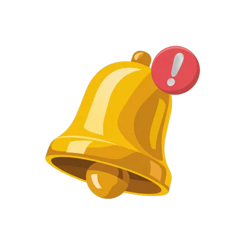 Isolated transparent notification bell with warning icon for alerts and digital alerts PNG
