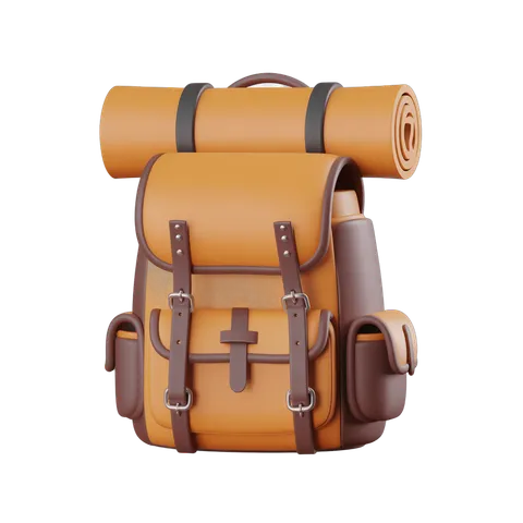 Isolated vintage leather backpack with sleeping pad for camping and hiking adventures PNG