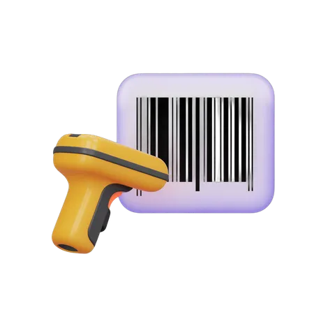 Isolated yellow barcode scanner reading product label with transparent background PNG