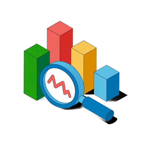Isometric bar chart with magnifying glass showing growth trend for business analytics presentation slides PNG
