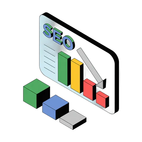 Isometric seo analytics chart with colorful bar graphs and cubes for digital marketing presentations PNG
