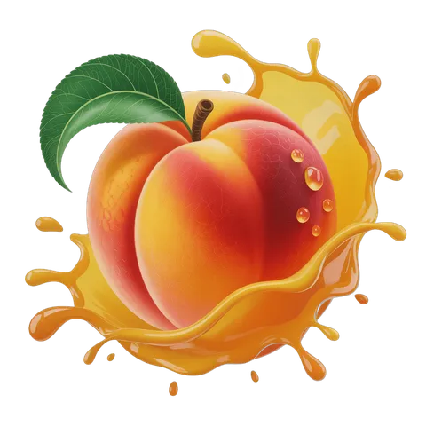 Juicy peach with fresh juice splash isolated transparent background clipart PNG