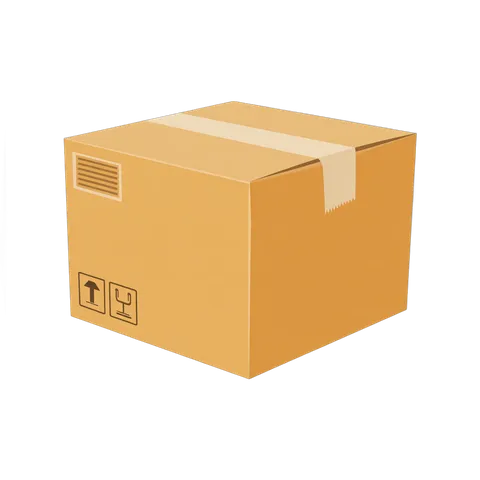 Light brown cardboard box with handling symbols for shipping and delivery packaging design PNG