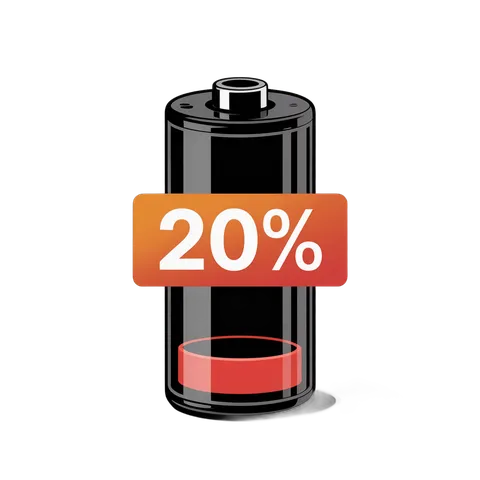 Low battery level indicator icon with twenty percent charge remaining for digital interfaces and apps PNG